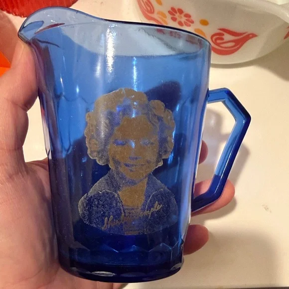 Vintage Blue Glass Pitcher with Shirley Temple three available sold as set - Picture 2 of 4
